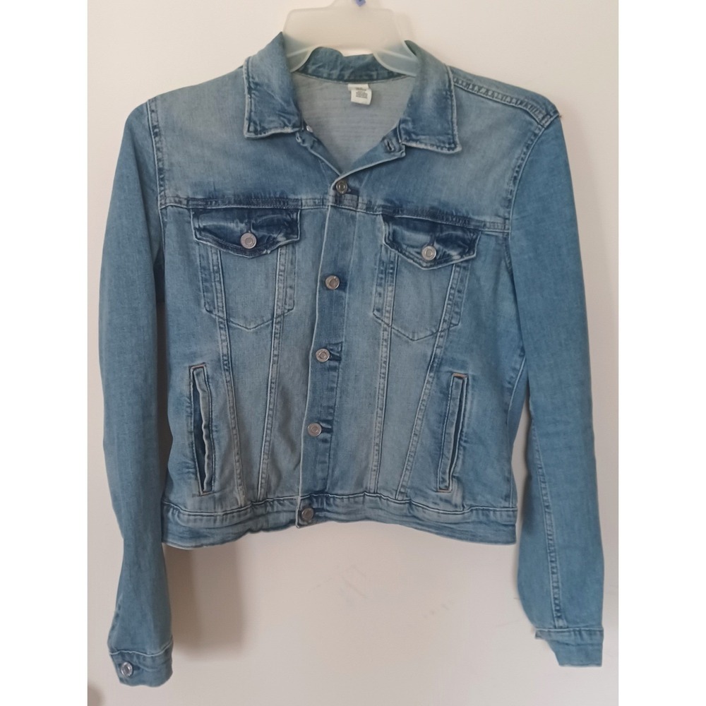 H&M &DENIM Light Wash Jean Trucker Jacket Women Size 12 Large Distressed Classic